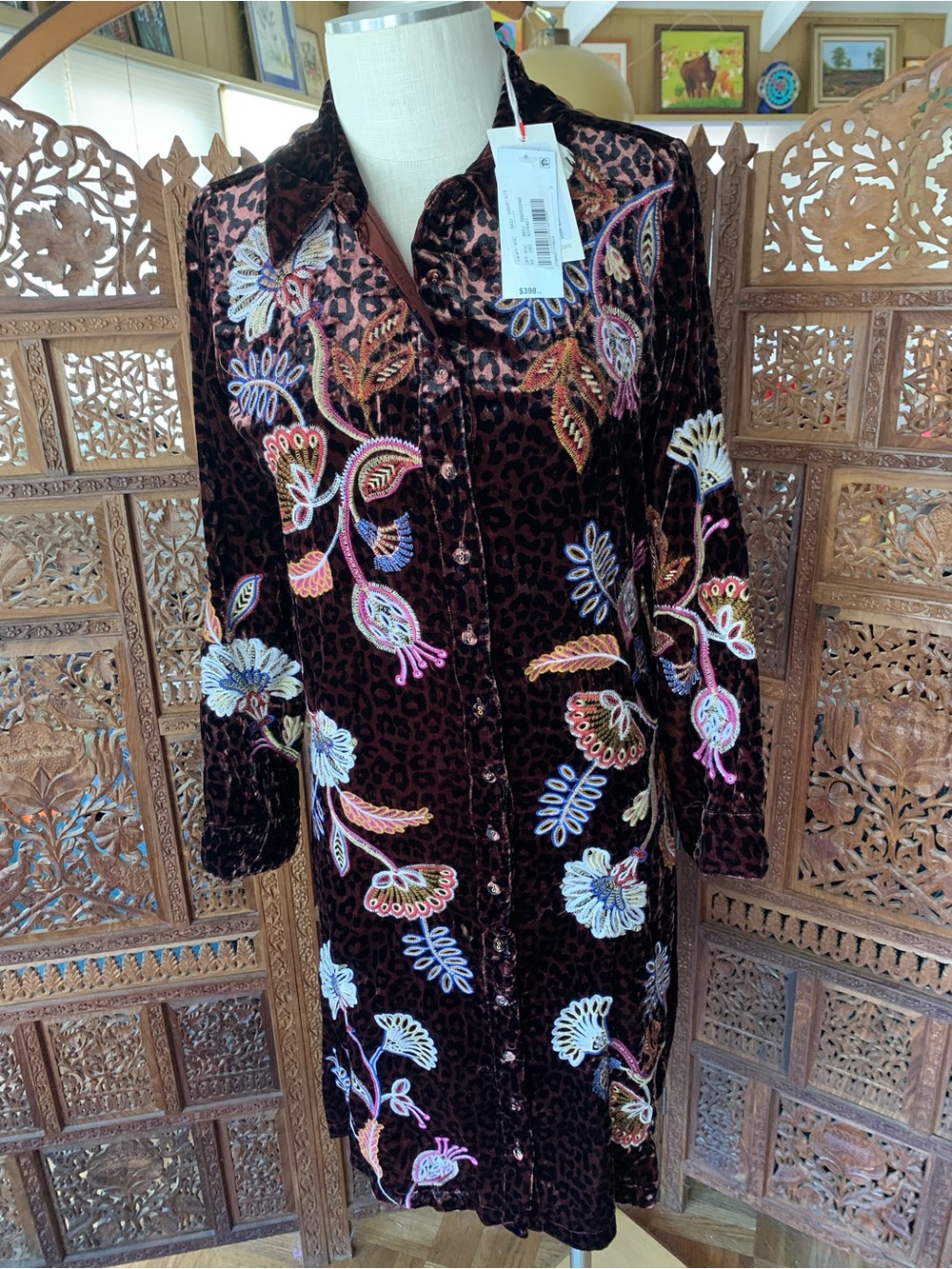 NWT Johnny Was Dark Brown Velvet Long Sleeve Embroidered Dress